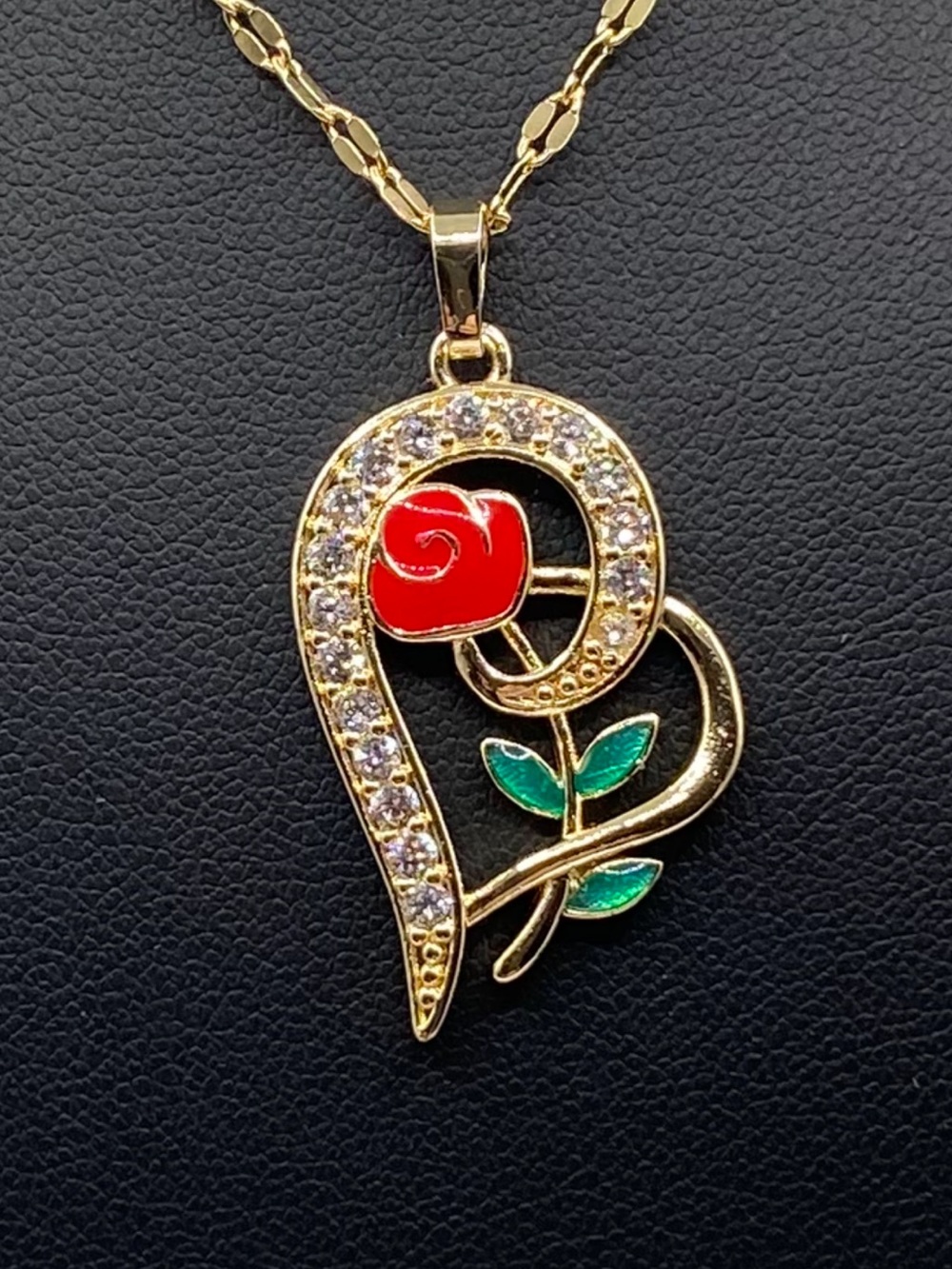 Gold-Tone Red Rose Pendant Necklace with Crystal Accents
